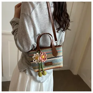 Vrouwen regenboog geweven stro crossbody tas zomer casual bloemen handtasje top