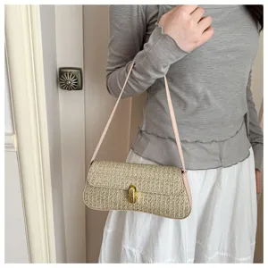 Élégant Sac Bandoulière en Paille Femme Été Casual Sac Sous les Bras Chic Tendance