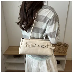 Minimalist beige shoulder bag with double belt buckles for women daily fashion style