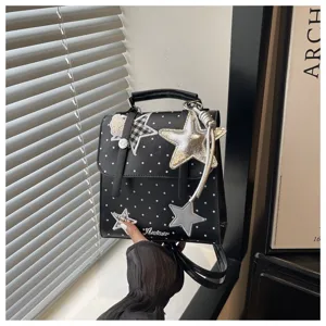Black polka dot mini backpack with star patches and pendant for women daily casual use