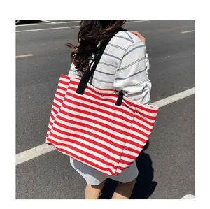 Commuter canvas bag women large capacity striped handbag single shoulder mommy tote bag detail view