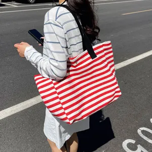 Red and white striped canvas tote bag, large capacity casual shoulder bag for women.