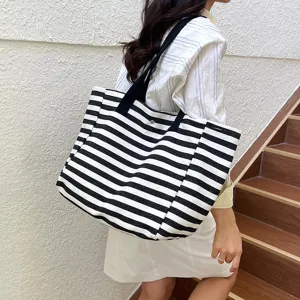 Black and white striped canvas tote bag, large capacity casual commuter shoulder bag for women.