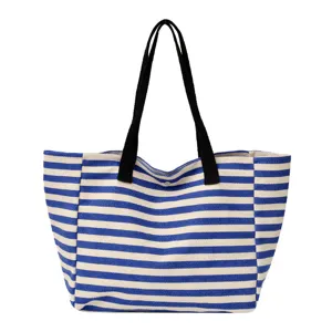 Blue and white striped canvas tote bag, large capacity casual shoulder bag for women.