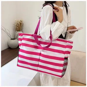 Korean style striped canvas tote bag large capacity casual shoulder bag for women daily