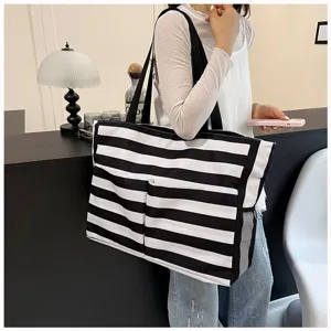 Black and white striped canvas tote bag with front pockets, large capacity daily shoulder bag.