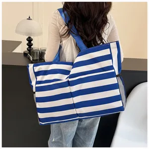 Blue and white striped canvas tote bag, large capacity casual shoulder bag for women daily use.