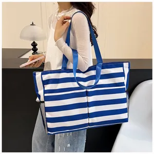 Blue and white striped canvas tote bag, large capacity shoulder bag for daily casual use.