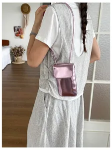 Metallic pink vertical mobile phone bag, stylish women mini crossbody shoulder bag for daily.