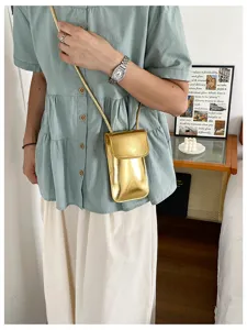 Metallic gold phone bag women crossbody mini shoulder bag stylish vertical phone pouch purse