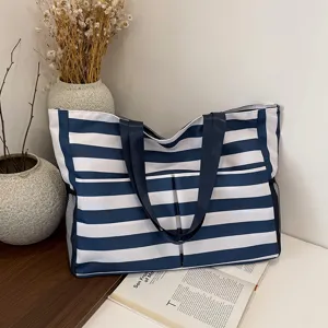 Korean style striped canvas tote bag, large capacity shoulder bag for women summer new.