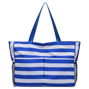 Blue and white striped canvas tote bag for women, large capacity shoulder beach bag.