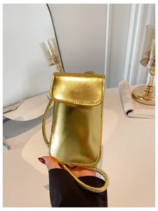 Glossy gold vertical mini phone bag, stylish crossbody pouch for women, daily fashion accessory.