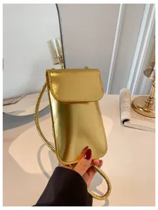 Glossy metallic gold vertical phone crossbody bag for women, trendy mini shoulder bag style.
