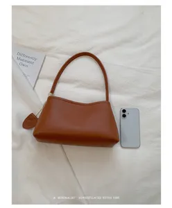 Stylish minimalist brown leather shoulder bag, retro vibe chic handbag for women daily commute.