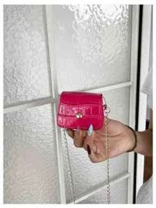Fashion mini lipstick crossbody bag for women, bright pink PU leather with gold chain.