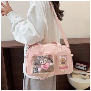 Borsa ita trasparente rosa giapponese con tasche multiple, borsa a tracolla carina donna.