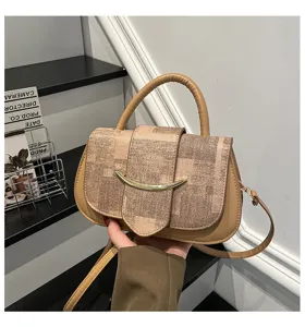 Bolso de mano patchwork retro informal, elegante bolso cuadrado minimalista con detalle metálico.