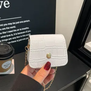 White mini crossbody bag for women, chic PU leather lipstick bag with gold chain strap.