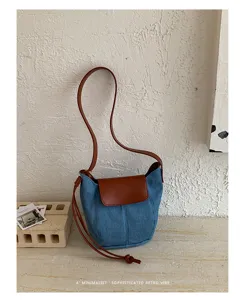 Bolso cubo de denim mujer bolso de hombro contraste cuero PU solapa retro bolso cruzado