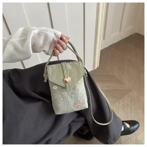 Vista dettagliata della mini borsa telefono ricamata con fiori e chiusura a cuore.