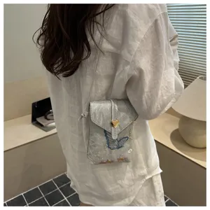 Borsa a tracolla per telefono ricamata in stile cinese con delicato motivo a farfalla.