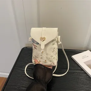 Borsa per Cellulare in Nuovo Stile Cinese con Ricamo Floreale Fibbia Magnetica a Cuore Piccola Borsa a Tracolla Leggera