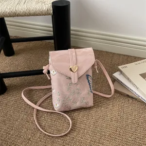 Borsa a tracolla rosa ricamata per cellulare, piccola mini borsa da spalla stile cinese.