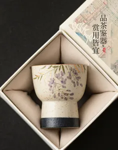 Ceramic wisteria tea cup, hand-painted gold-traced high-stem master cup for tea tasting.