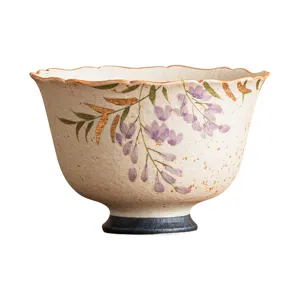Ceramic tea cup with exquisite wisteria flower pattern and gold painted rim, master tasting cup.