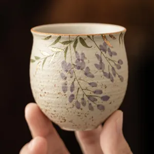 Hand-Painted Wisteria Ceramic Teacup Gold Gilded Chinese Porcelain Kung Fu Master Cup Vintage Household Tea Tasting