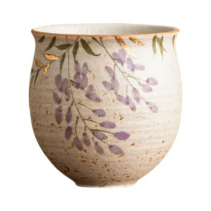 Hand-painted wisteria ceramic tea cup gold traced master cup vintage porcelain teacup.