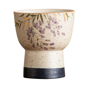 Handpainted ceramic tea cup with wisteria flowers gold tracing high stem master cup 150ml
