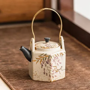 Théière en Céramique Hexagonale Glycine Peinte à la Main Dorée Avec Anse en Métal Service à Thé Kung Fu Traditionnel Petit Pot