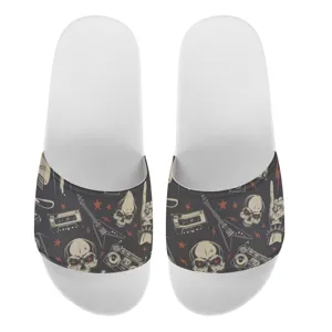 Modische flache Rock-Style-Hausschuhe mit Totenkopf und Gitarren-Druck, bequeme Freizeitschuhe.