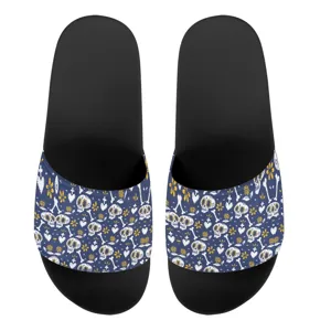 Freizeit Badeschlappen in Schwarz mit Totenkopf Blumen Muster Sommerflachsohlen Hausschuhe