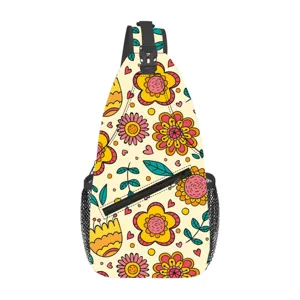 Bolso cruzado casual al aire libre con estampado floral, bolsillos de malla y correa ajustable.