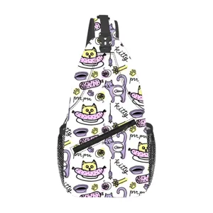 Mochila cruzada casual con bonito estampado de gato, correa ajustable y bolsillos de malla.