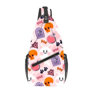 Zaino monospalla rosa con stampa di Halloween a cartoni animati borsa da petto per esterni.