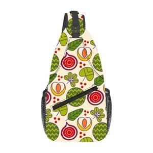 Bolso bandolera de deporte al aire libre con estampado de frutas coloridas y cremallera.