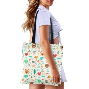 Sac cabas en toile avec impression mignonne d'ours et de cœurs, grand sac bandoulière.