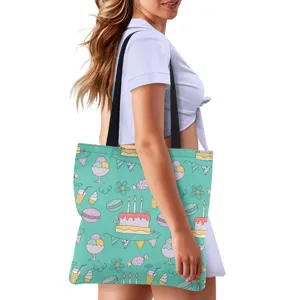 Leinwand Tragetasche für Damen mit süßem Cartoon Kuchen und Dessert Druck, lässige Umhängetasche.