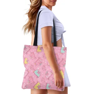 Cute pink cartoon unicorn print canvas tote bag for casual daily shopping and outdoor travel use.