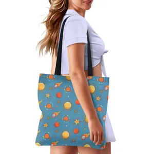 Sac cabas en toile bleue avec motif spatial mignon, grand sac d'épaule pratique.