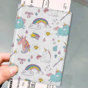 Protège Passeport Créatif en Dessin Animé en Cuir PU Mignon Imprimé Licorne Étui pour Documents de Voyage pour Hommes Femmes Protection Cartes