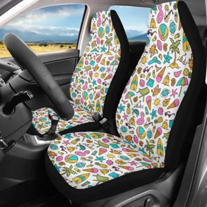 Universal Front Car Seat Covers Summer Beach Cartoon Monster Print Breathable Polyester Spandex Seat Protector Sporty Automotive Accessories