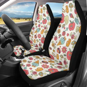Universal front car seat covers with retro cartoon print, durable interior accessories cushion.