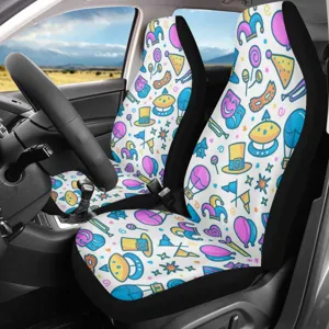 Universal front car seat covers with colorful cartoon pattern, durable interior accessories.