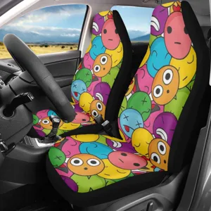 Universal front car seat covers with vibrant colorful cartoon smiley faces, durable auto decor.