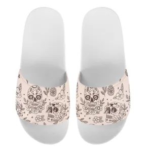 Totenkopf Druck Sommer Pantoletten Unisex Freizeit Flache Strand Schuhe Weiss Neu